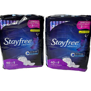 Stayfree Ultra Thin Overnight Pads with Wings, Overnight Absorption - 40 pads
